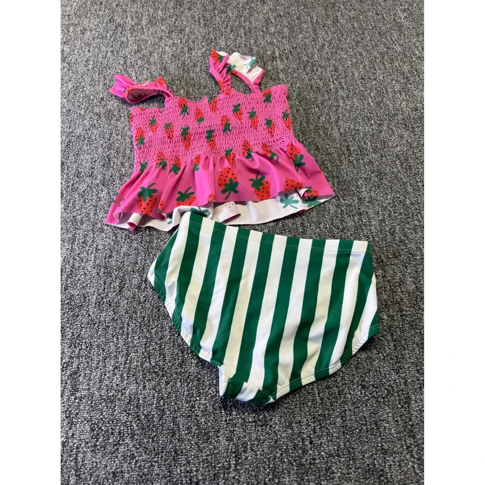 Hanna Andersson Swimsuit Girls 10 Pink Strawberry Green Stripe 2 Piece Tankini